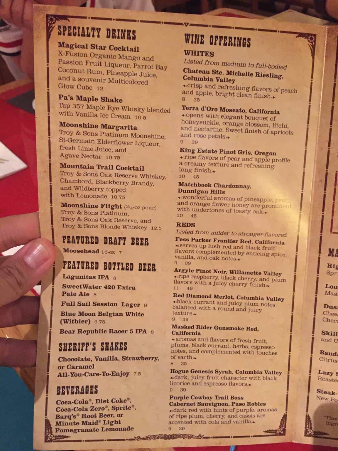 Whispering Canyon dinner menu