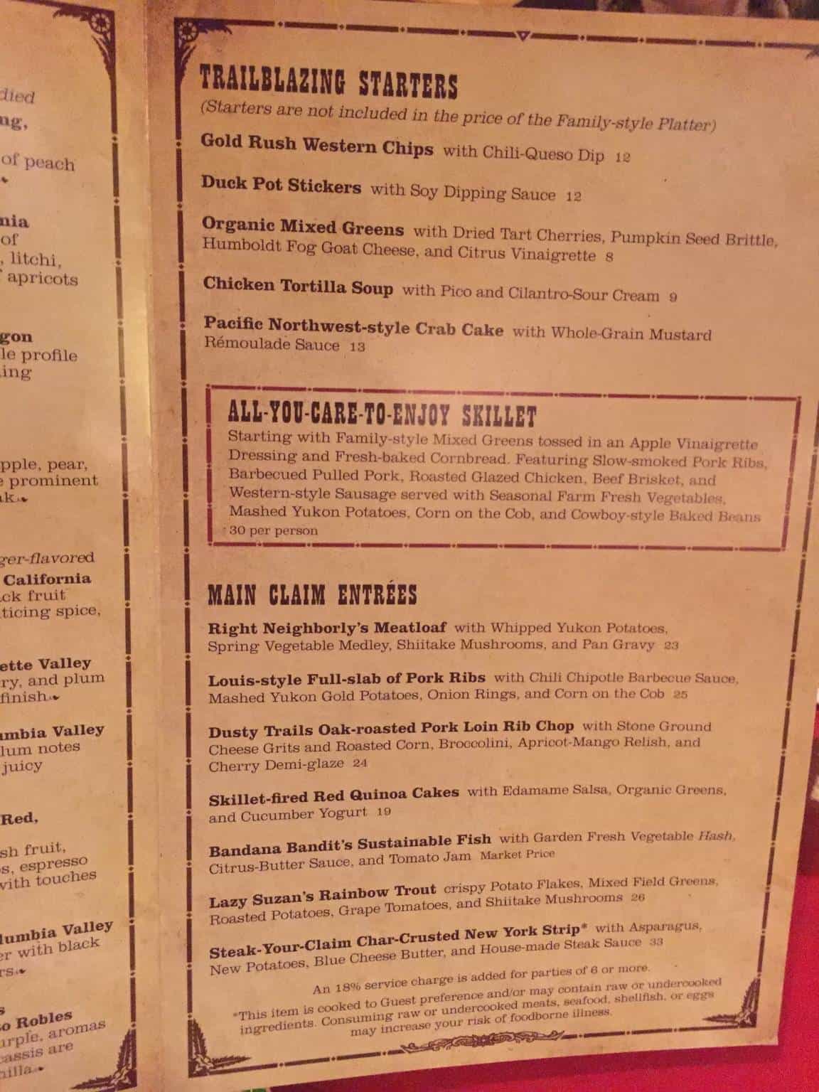 Whispering Canyon dinner menu