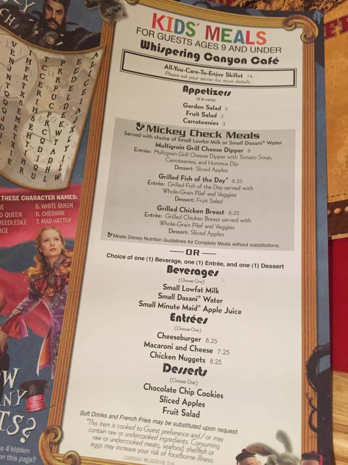 Whispering Canyon kids' menu