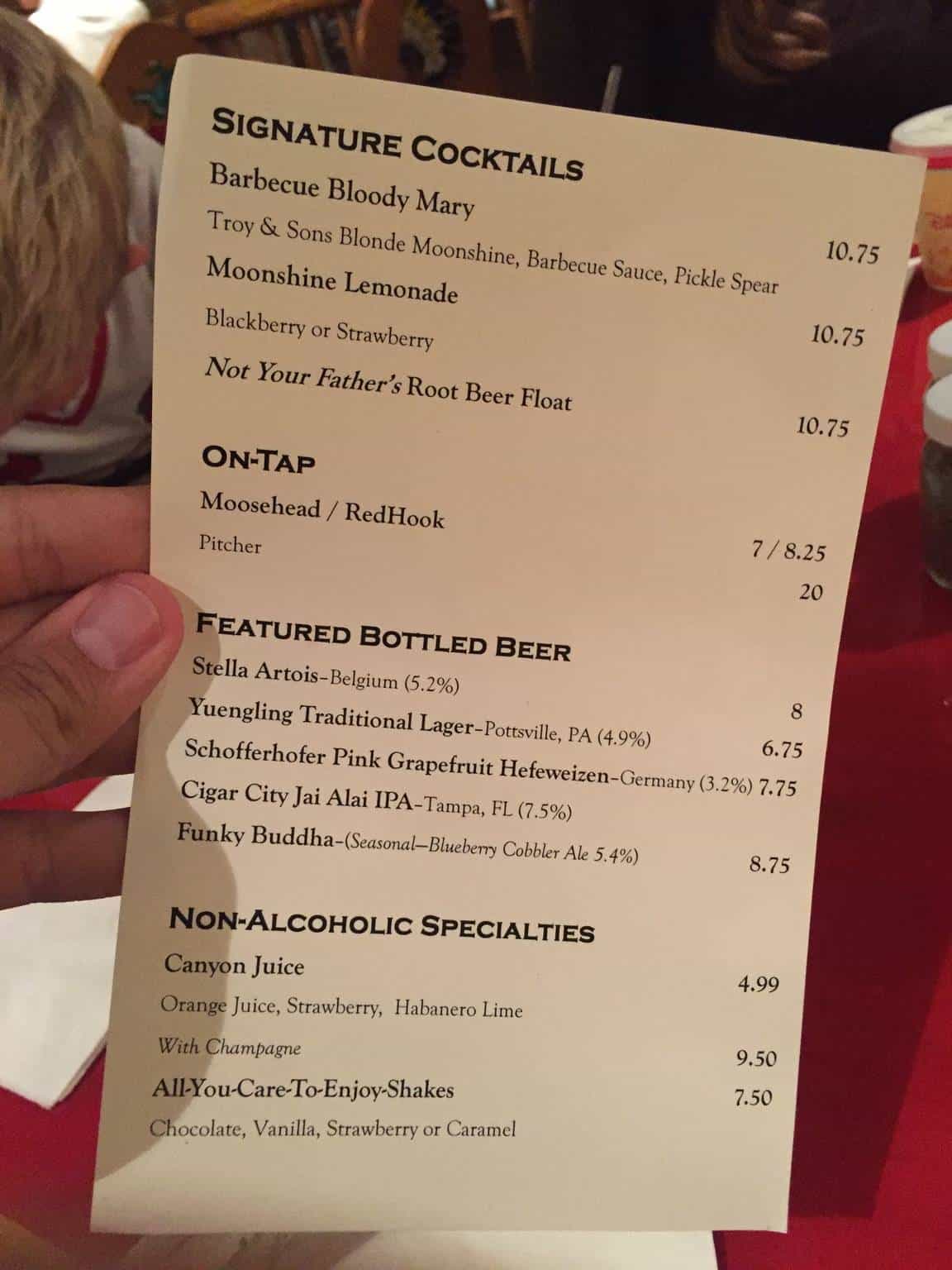 Whispering Canyon drink menu