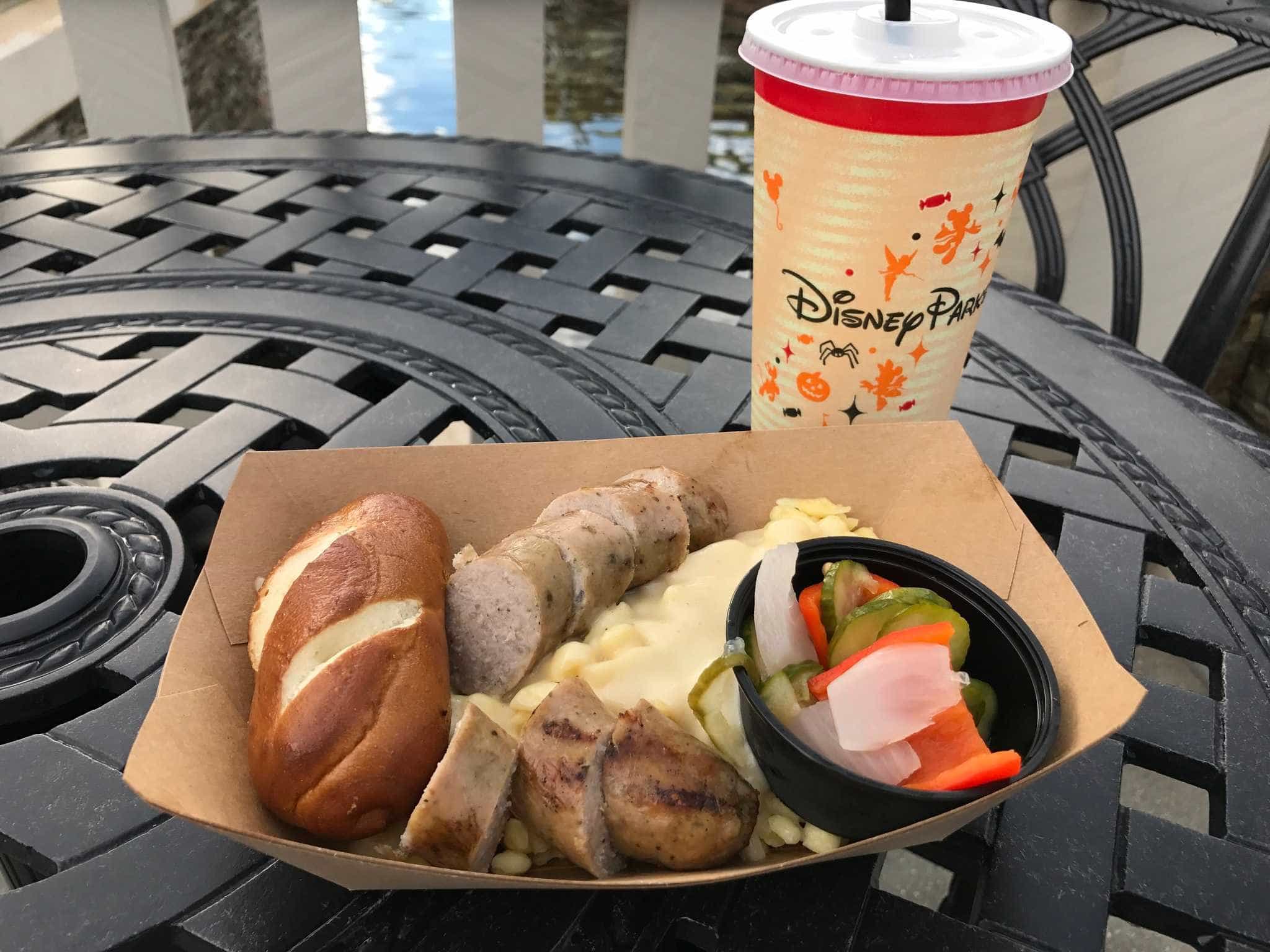 B.B. Wolf's Sausage Co. Oktoberfest Special - Bratwurst with Cheese Spatzel, Pretzel Roll, and Pickles ($9.39)