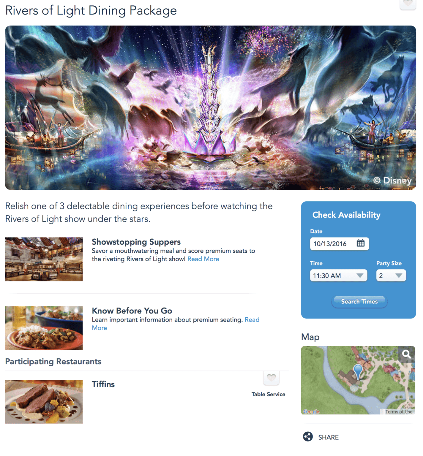 DisneyWorld.com today added information on Rivers of Light dining packages