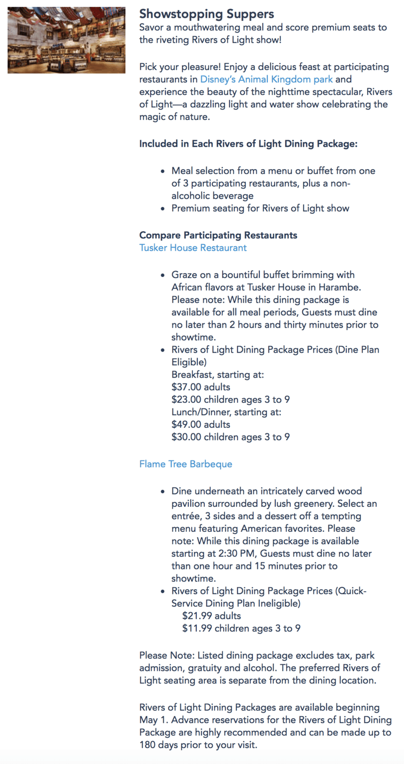 Rivers of Light dining package information