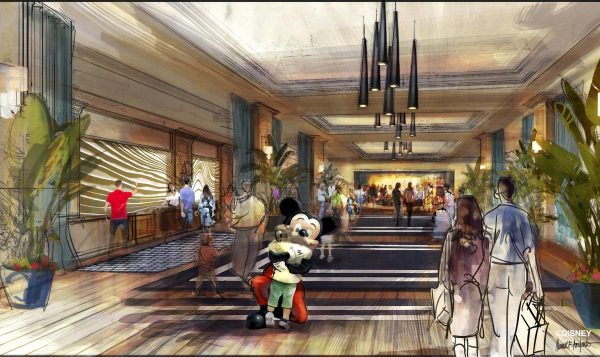Concept art of the lobby for the proposed new hotel at the Disneyland Resort. The approximately 700 room hotel will be located on 10 acres on what is currently the Downtown Disney parking lot. The proposed hotel would be a AAA 