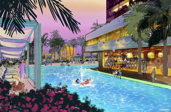 Concept art of the swimming pool area of the proposed new hotel at the Disneyland Resort. The approximately 700 room hotel will be located on 10 acres on what is currently the Downtown Disney parking lot. The proposed hotel would be a AAA 