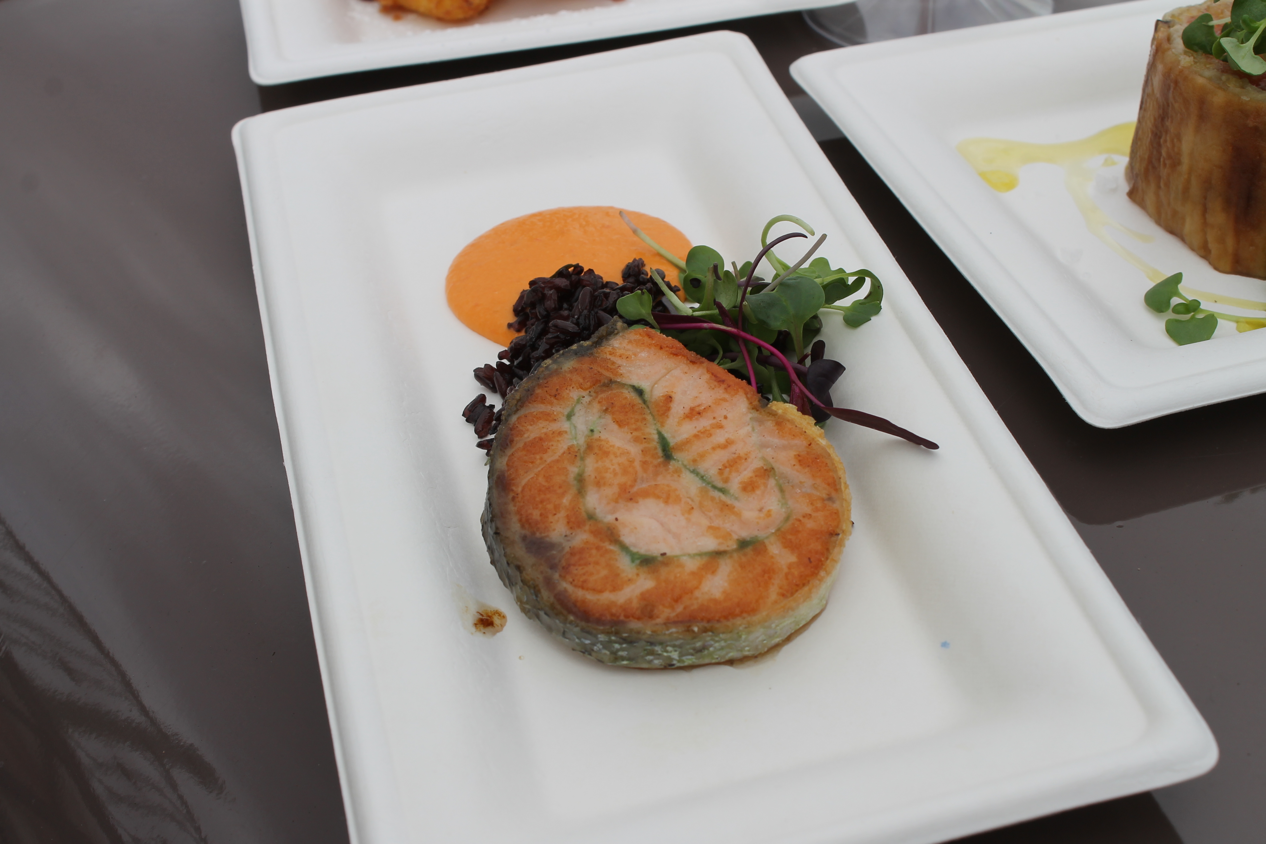 Involtini di Salmone al Basilico, Piso Venere, Salsa Romesco: Basil-scented Salmon Roulade, Purple Rice and Romesco Sauce $12.00