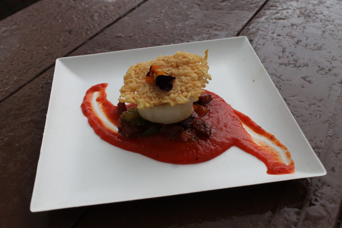 Pan-Seared Scallop with Chorizo, Roasted Red Pepper Coulis and a Parmesan Crisp (GF) $6.50