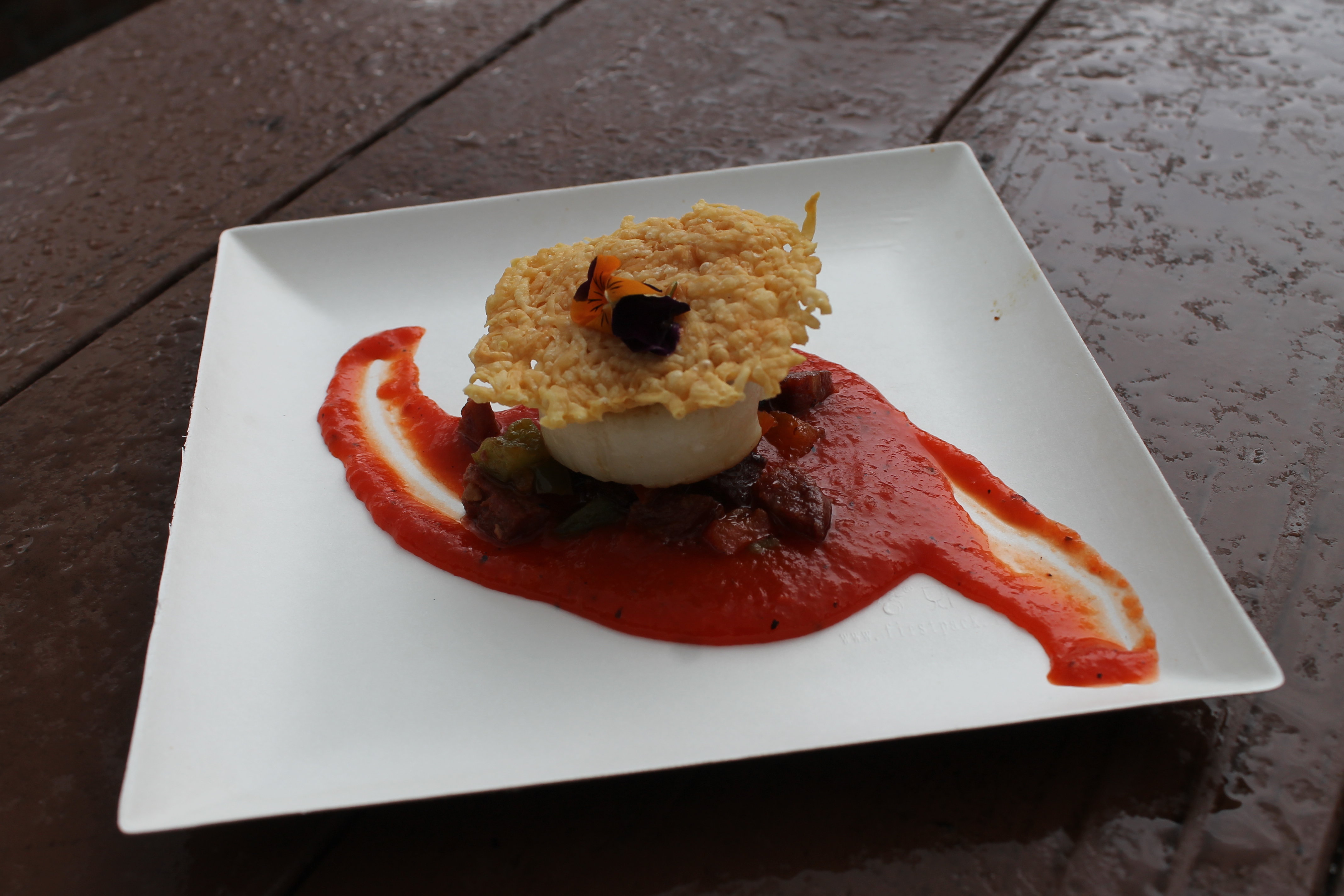 Pan-Seared Scallop with Chorizo, Roasted Red Pepper Coulis and a Parmesan Crisp (GF) $6.50
