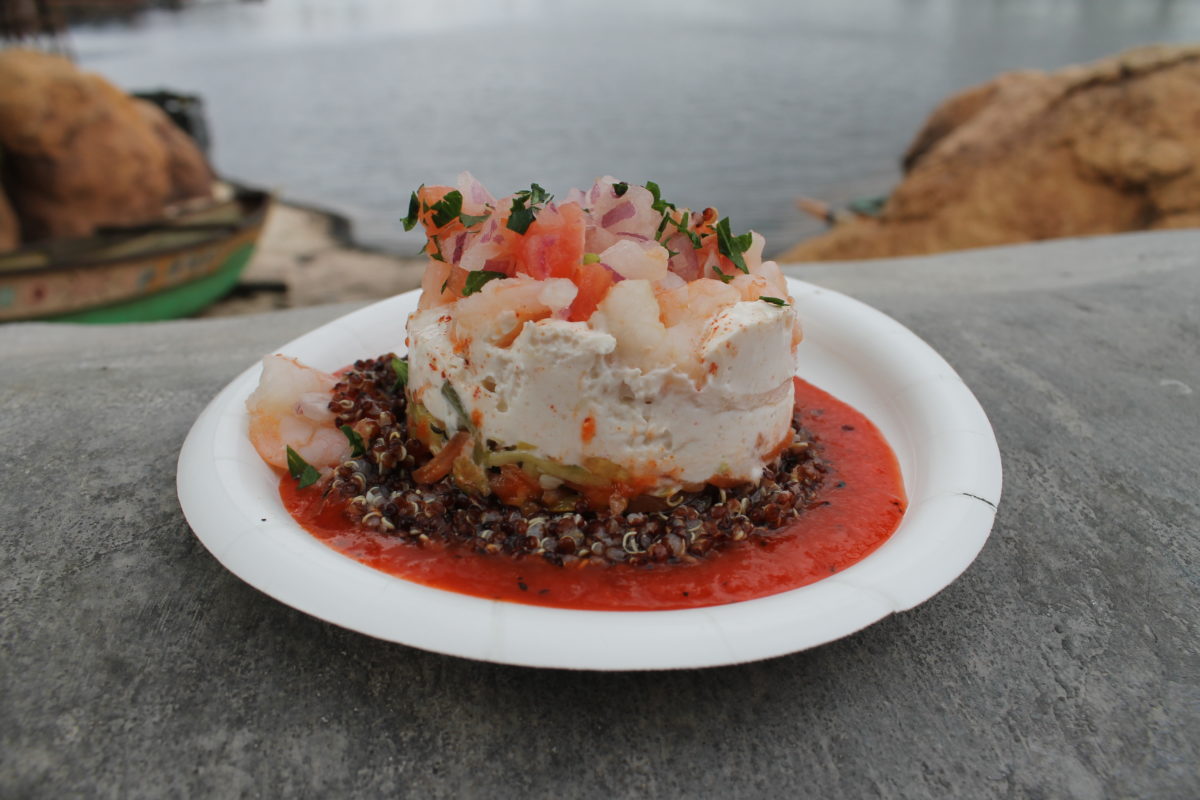 Chilled Shrimp, Quinoa, Layered Vegetables, Spiced Yogurt and Red Pepper Coulis