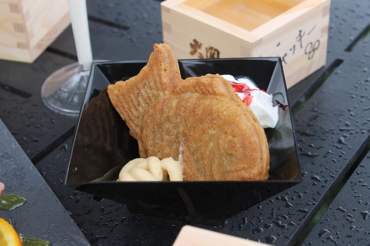 Taiyaki: Stuffed Japanese Pastry with Sesame Cream and Raspberry Sauce $4.50