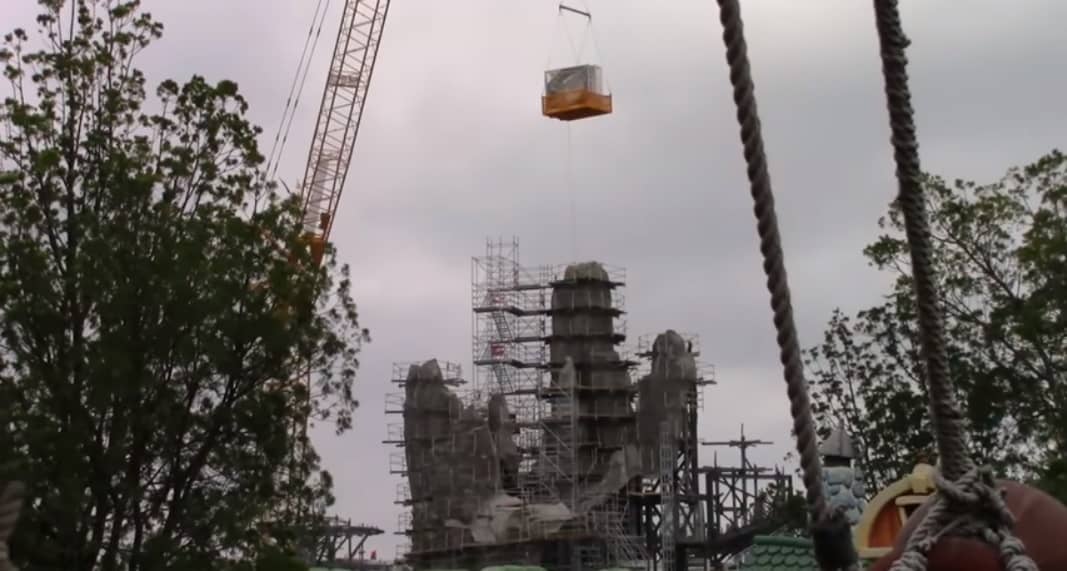 The installation of the Millennium Falcon at Star Wars: Galaxy's Edge at Disneyland
