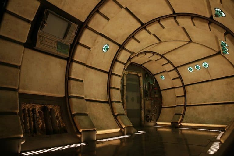 The hallway of the Millennium Falcon at Star Wars: Galaxy's Edge at Disneyland