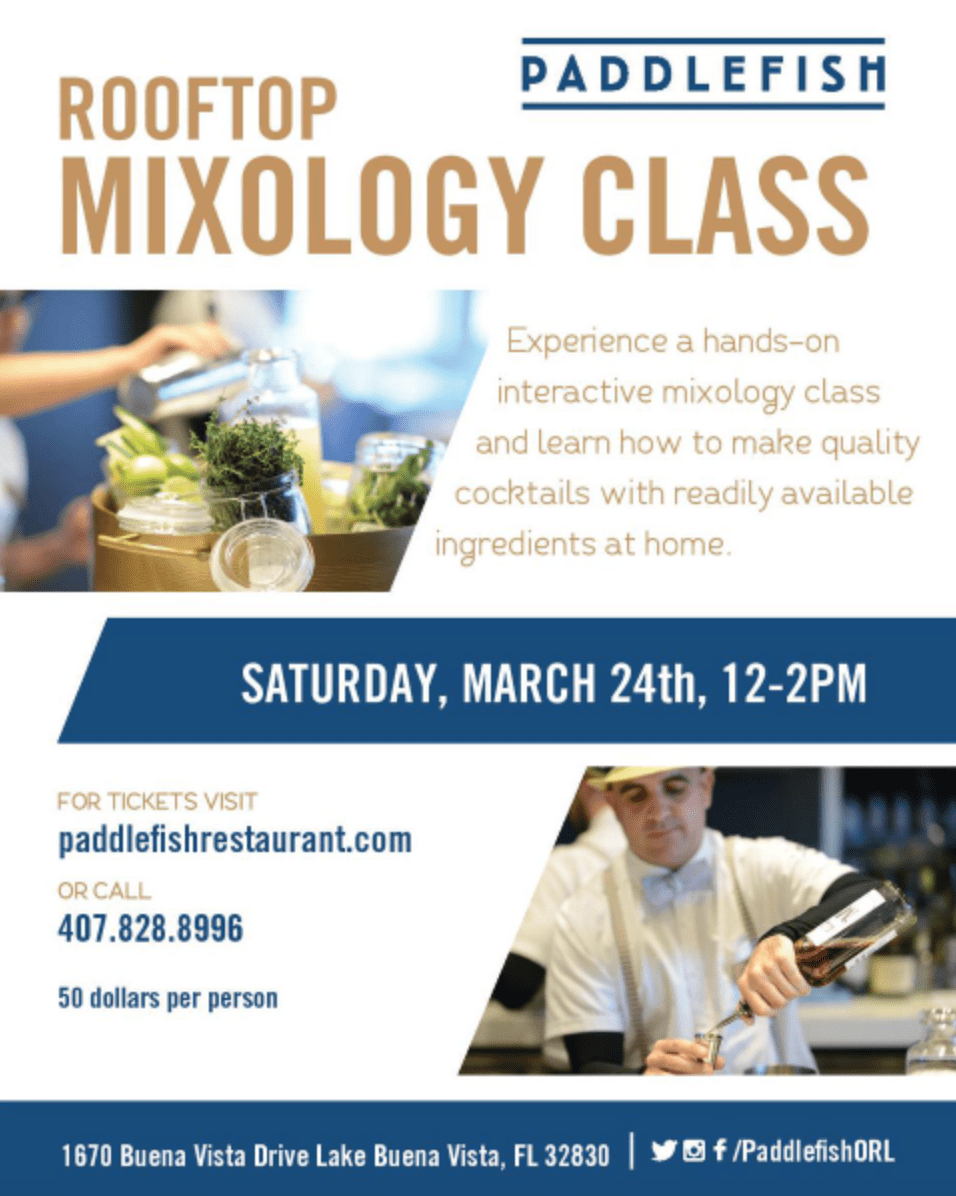 Poster for the Rooftop Mixology Class at Paddlefish 