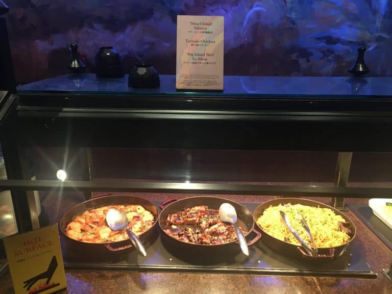 The Asian-inspire food available during dinner at Makahiki, the buffet restaurant at the Aulani