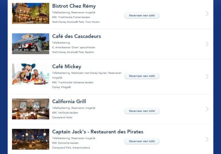 Table service restaurants can be booked online on the Dutch website of Disneyland Paris.