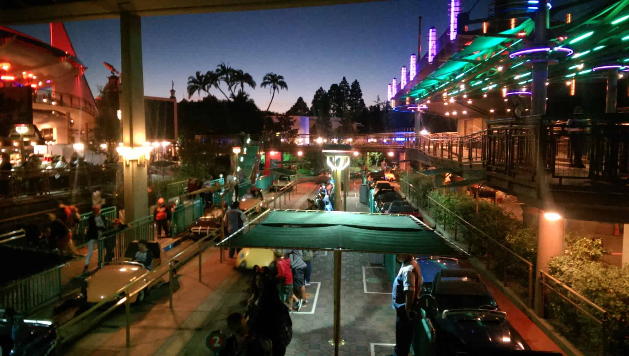 Disneyland Autopia at night, Tomorrowland Terrace and Star Wars Launch Bay