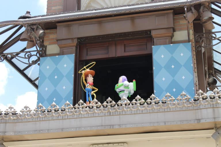 Buzz Lightyear and Woody at the clock tower at the Disney Store in Shanghai