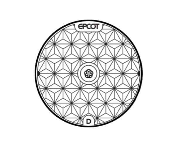 Concept art for a manhole cover for the entrance of Epcot. The manhole features the "new" park logo and flower icon over a Spaceship Earth design.