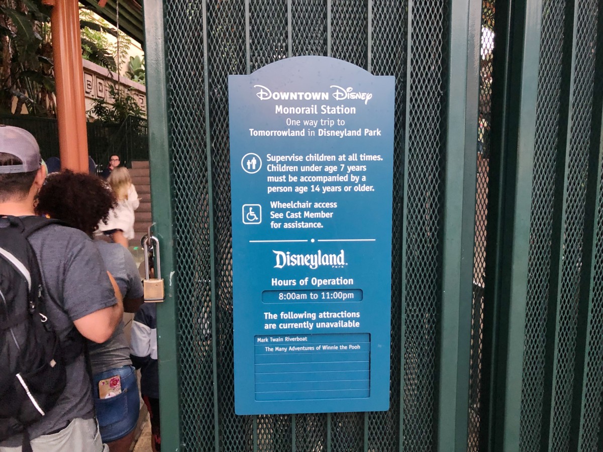 Disneyland Monorail Hours of Operation Sign