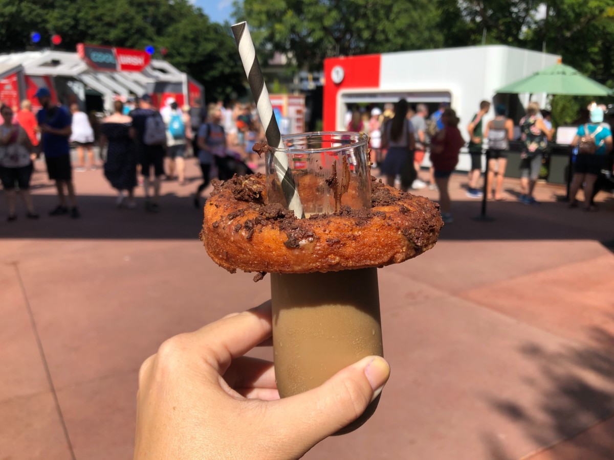 Black and White Coffee Cocktail garnished with a Fresh Yeast Donut with Chocolate Espresso Bean Crumbles