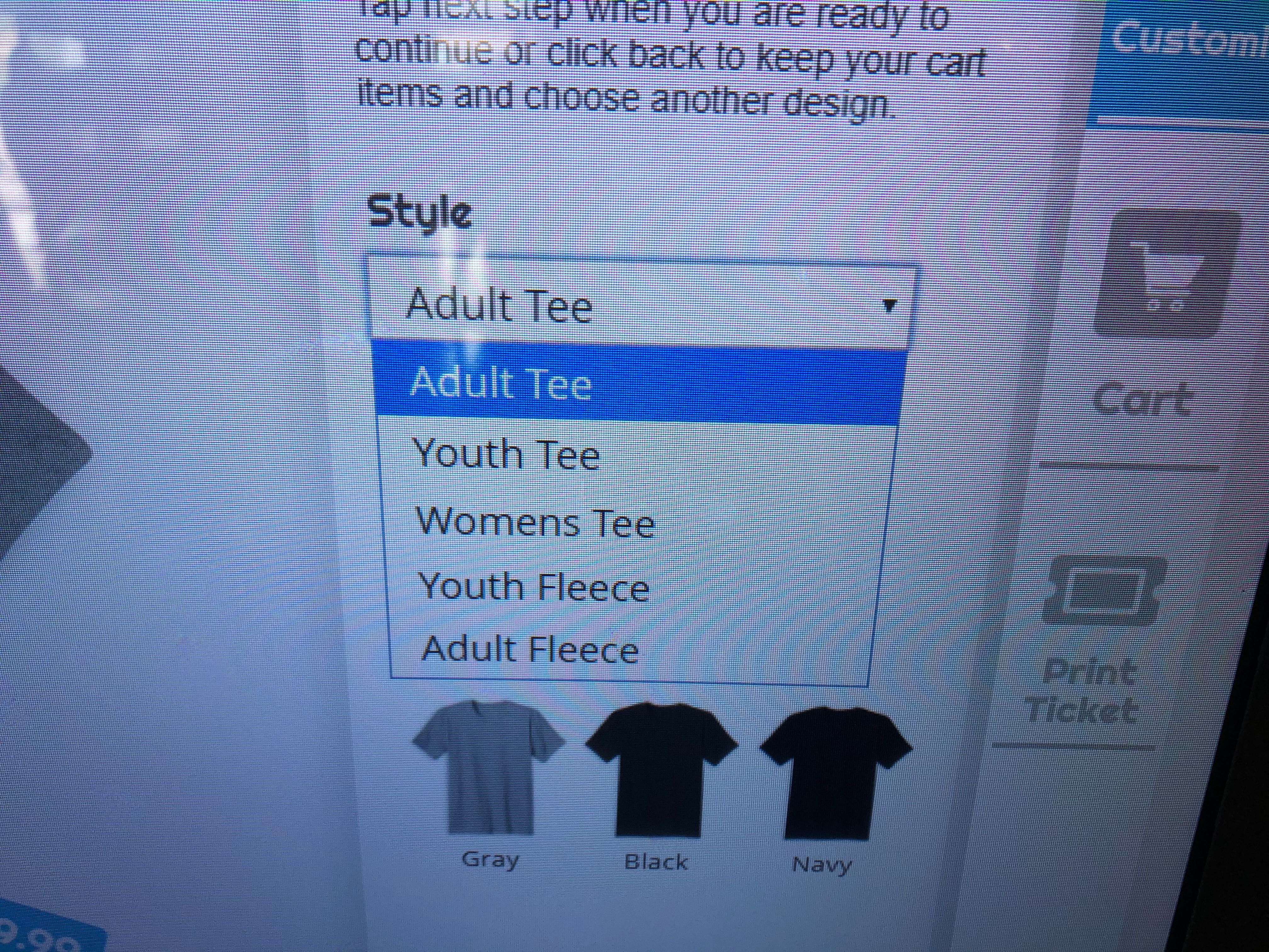 baby yoda shirt kiosk - size selection