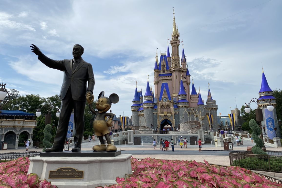 The Partners statue of Walt Disney and Mickey Mouse in front of Cinderella Castle at Magic Kingdom
