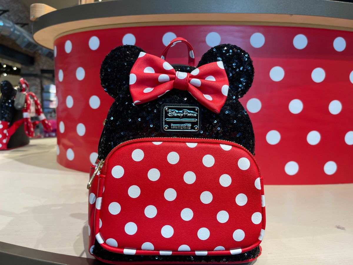 Disney Parks Minnie Mouse Black Bow Polka Dot Sequin Loungefly Backpack Wristlet