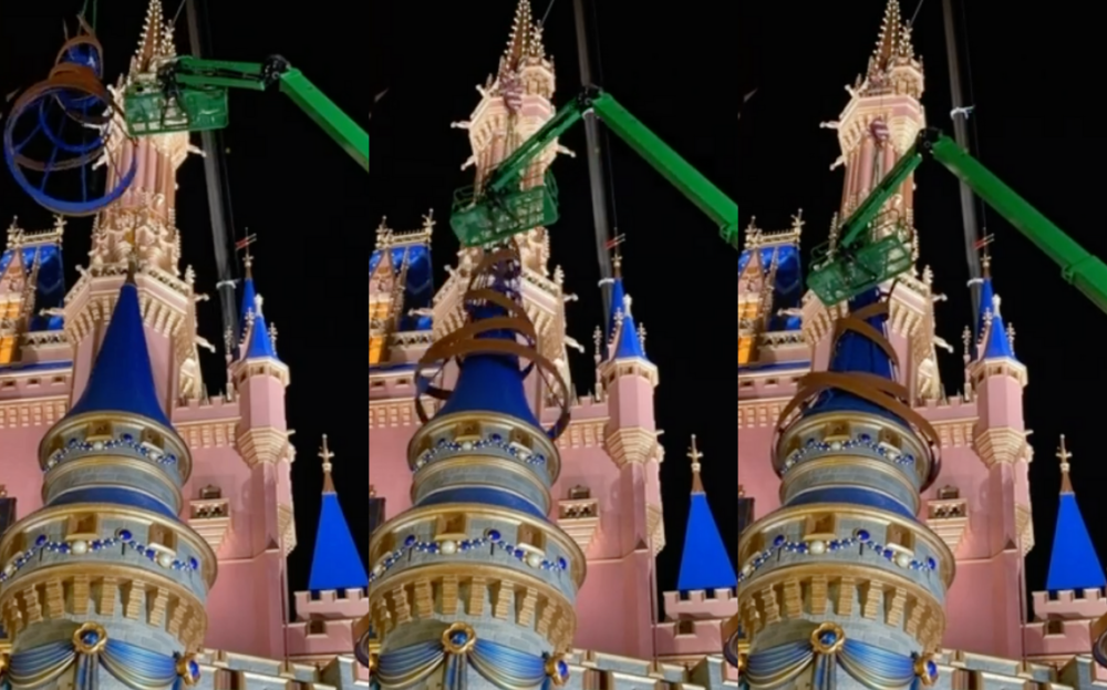 Zach Riddley Shares Behind The Scenes Look Of Cinderella Castle Turret Cap Ribbon Installation Disney By Mark