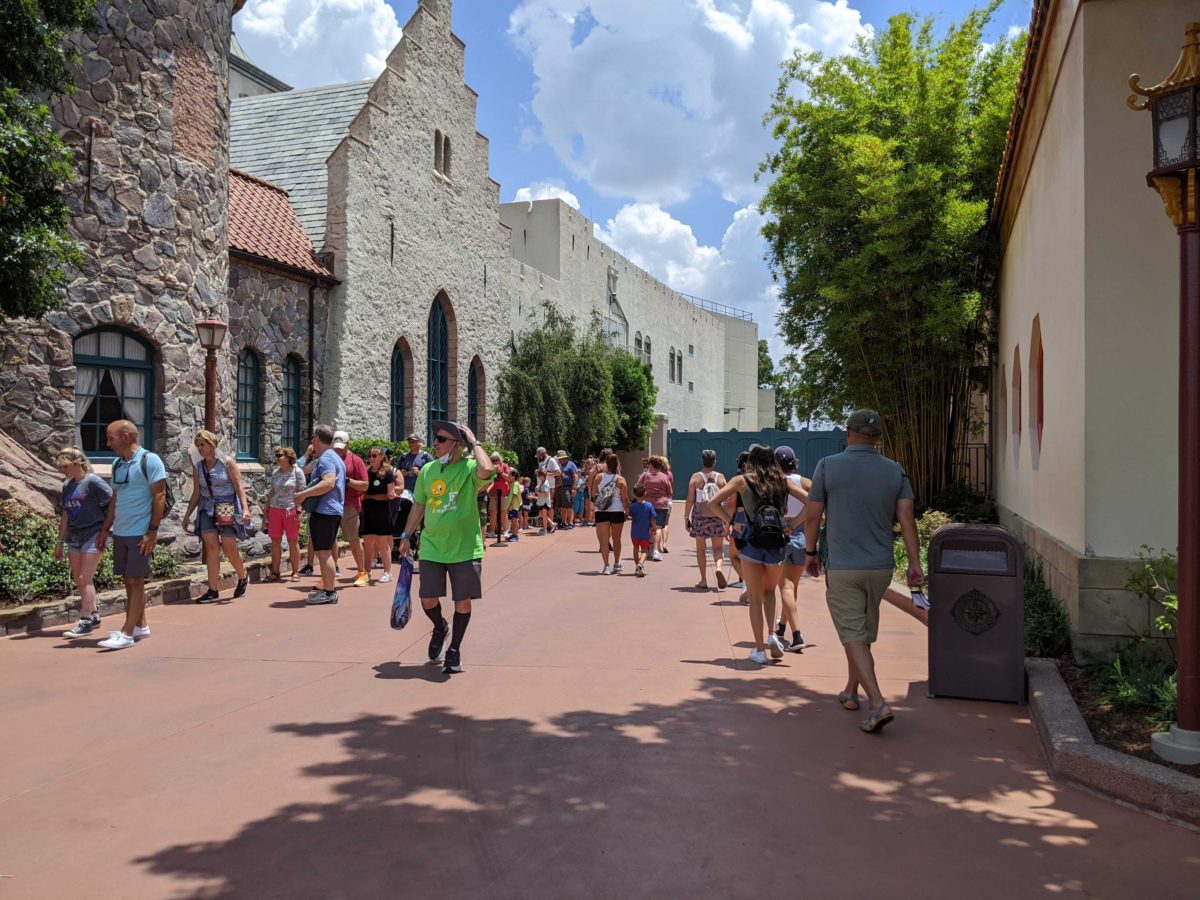 Physical distancing markers have been removed from the queue of Frozen Ever After in EPCOT at Walt Disney World