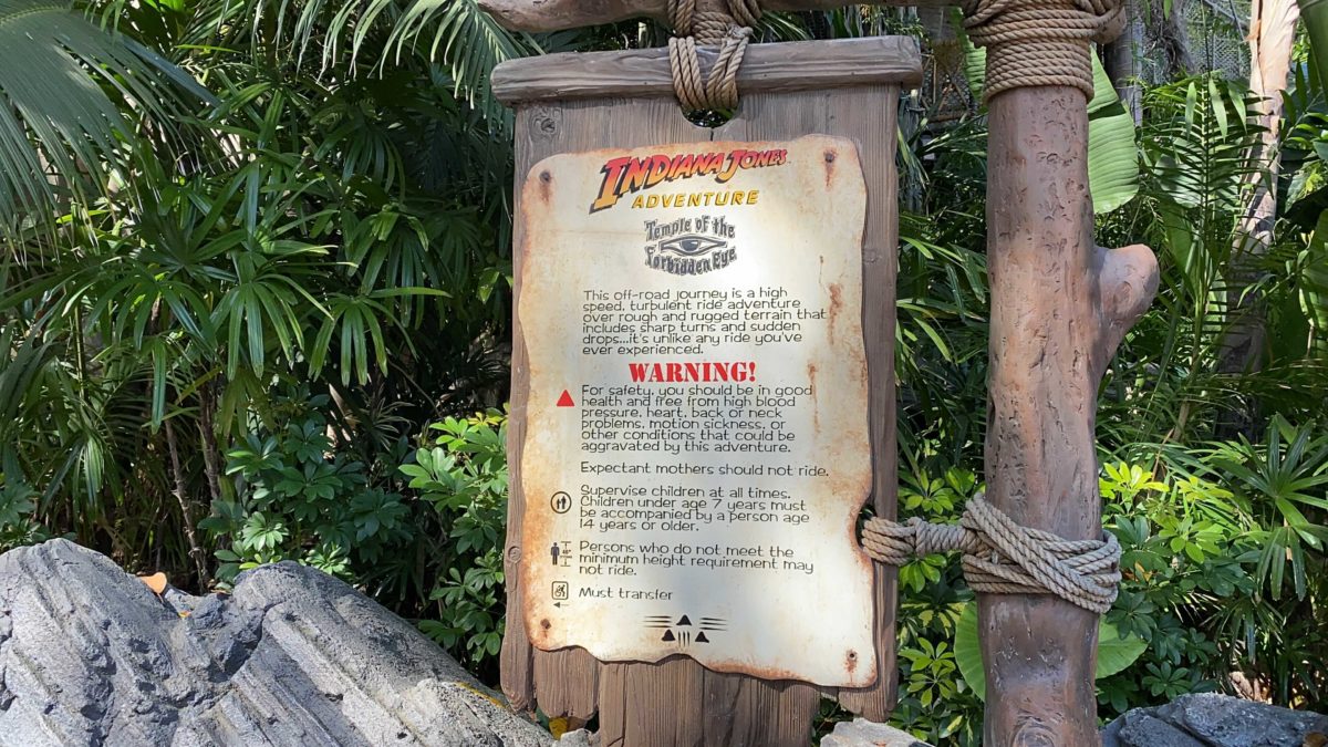 Indiana Jones Adventure queue warning sign