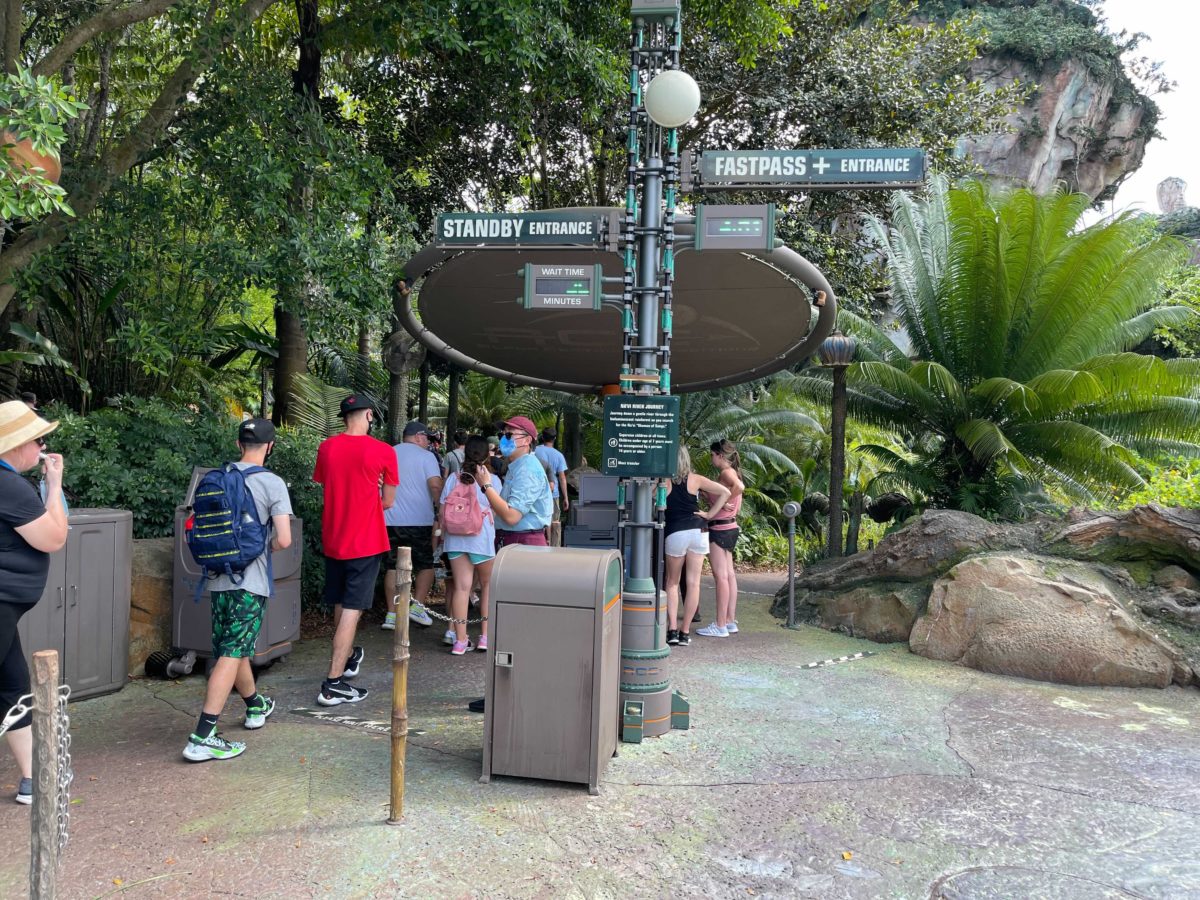 Physical Distancing markers still in place at the main queue area of Na'vi River Journey inside Disney's Animal Kingdom at Walt Disney World