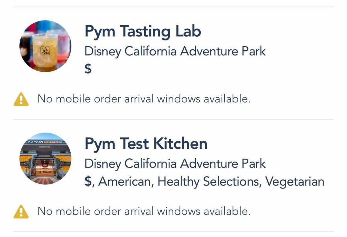 Screenshot of the mobile food order options at Avengers Campus in Disney California Adventure in Disneyland Resort