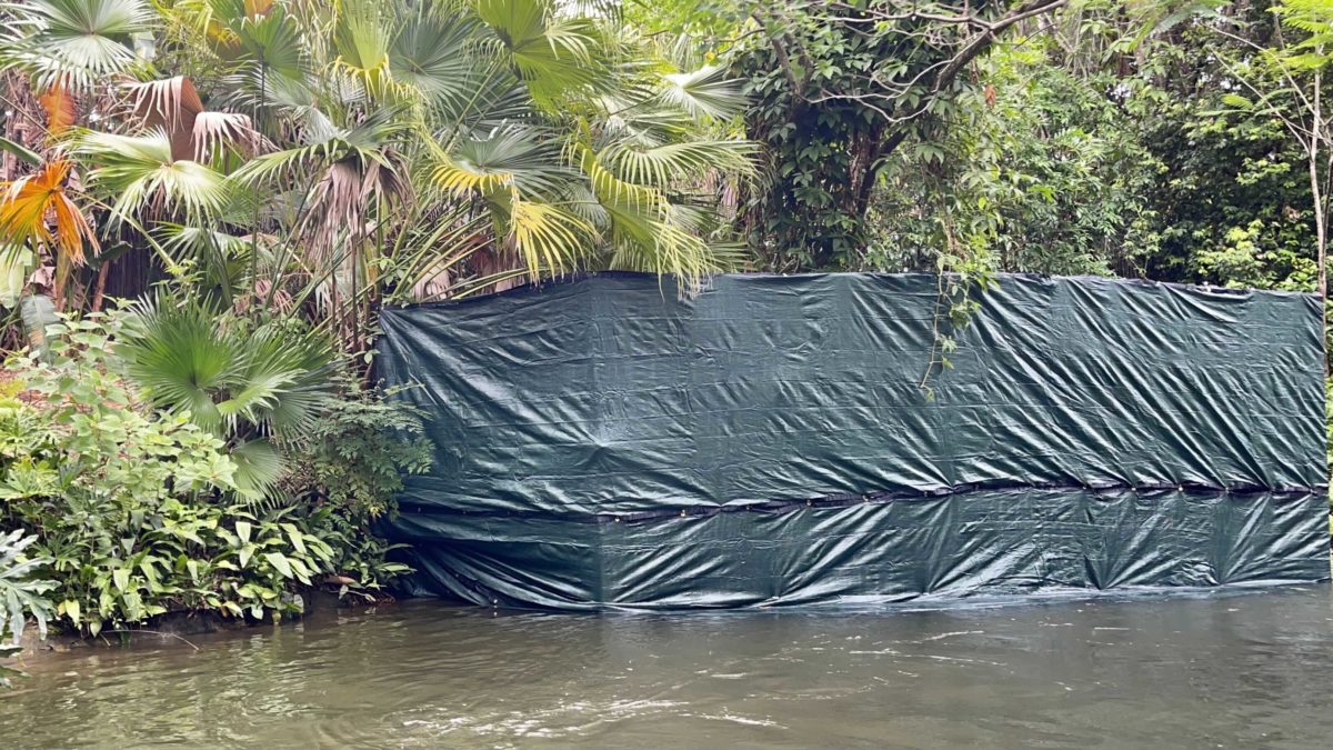 A giant box covered in tarp is hiding a new scene in the Jungle Cruise at Magic Kingdom in Walt Disney World