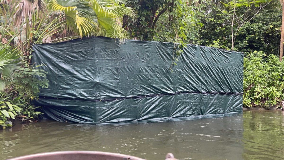 A giant box covered in tarp is hiding a new scene in the Jungle Cruise at Magic Kingdom in Walt Disney World
