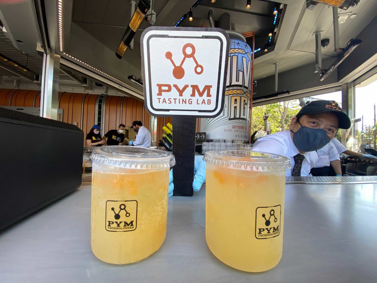 Pym Tasting Lab at Avengers Campus in Disney California Adventure featuring two drinks.