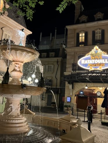 remy's ratatouille adventure fountain at night