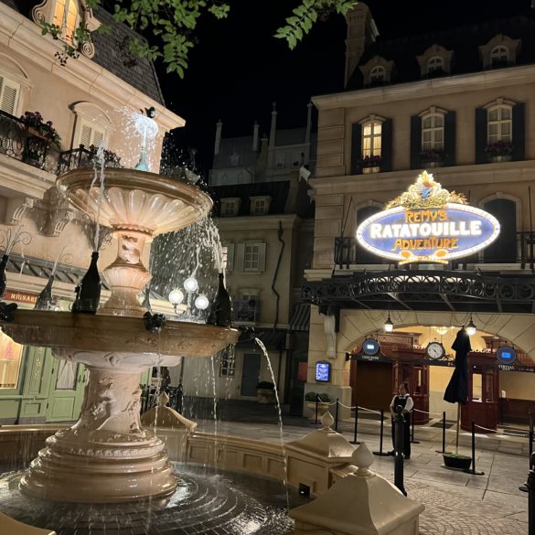 remy's ratatouille adventure fountain at night