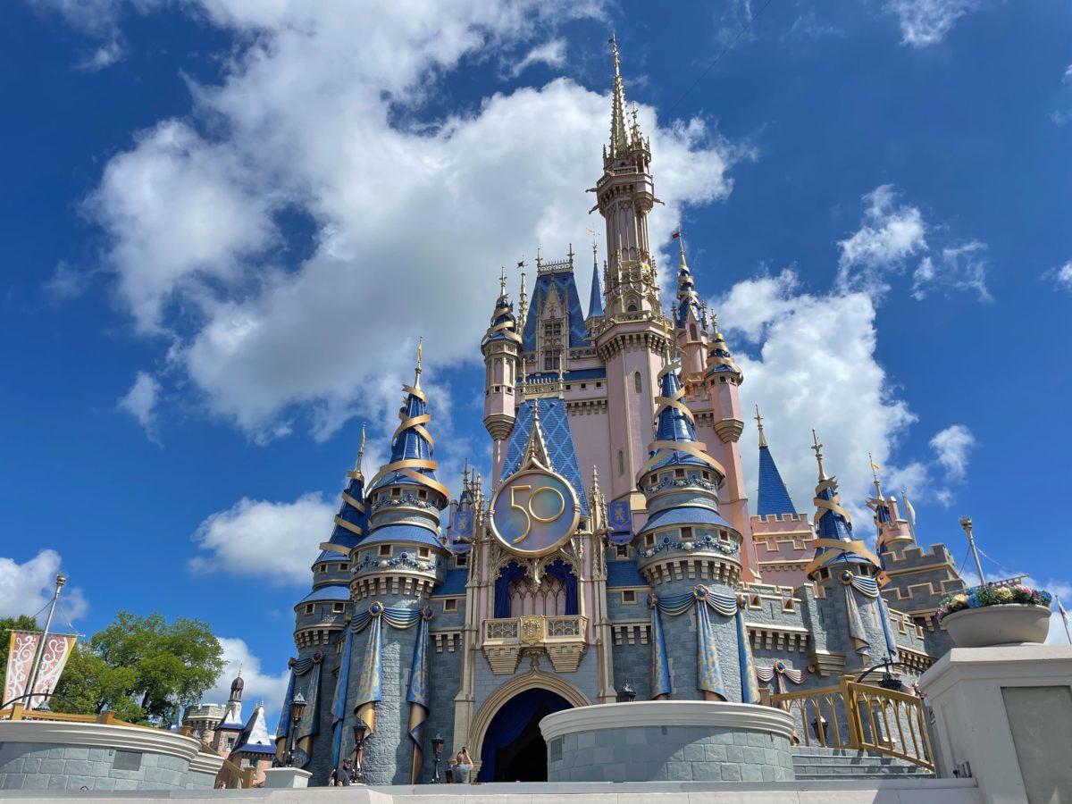 Cinderella Castle with 50th anniversary decorations at Magic Kingdom