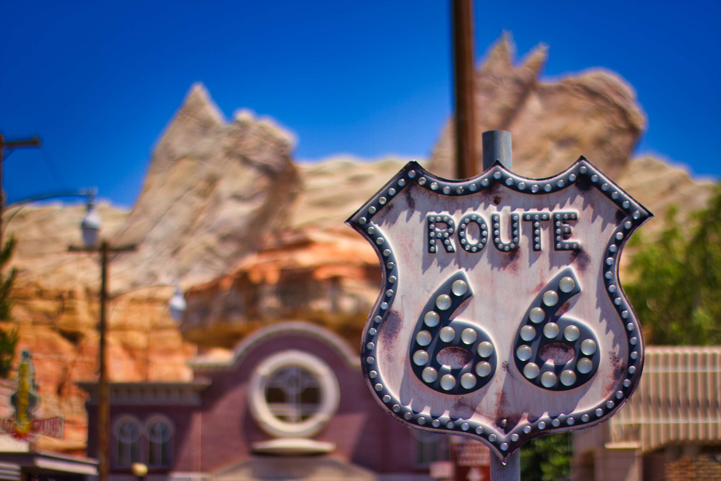 Route 66 sign in Cars Land at DCA stock