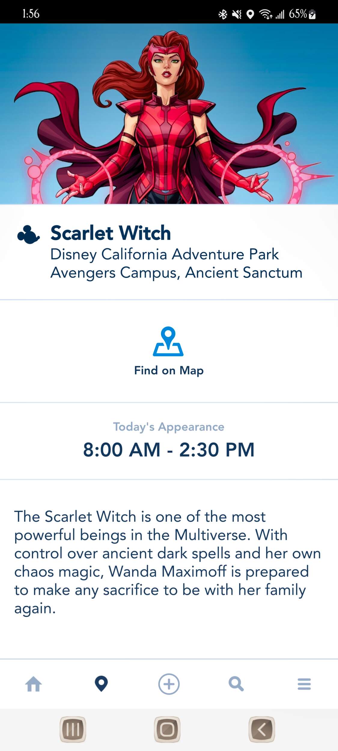 Scarlet Witch meet and greet Disneyland app screenshot