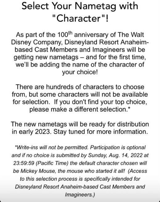 character cast member nametag announcement