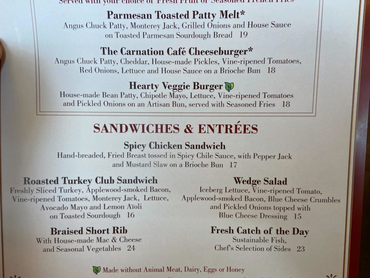Carnation Cafe menu