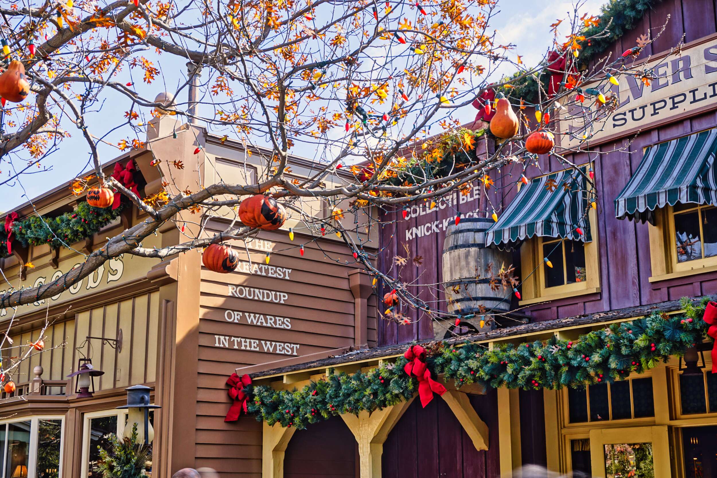 DL FR Frontierland Holiday Decorations Store with Halloween Tree