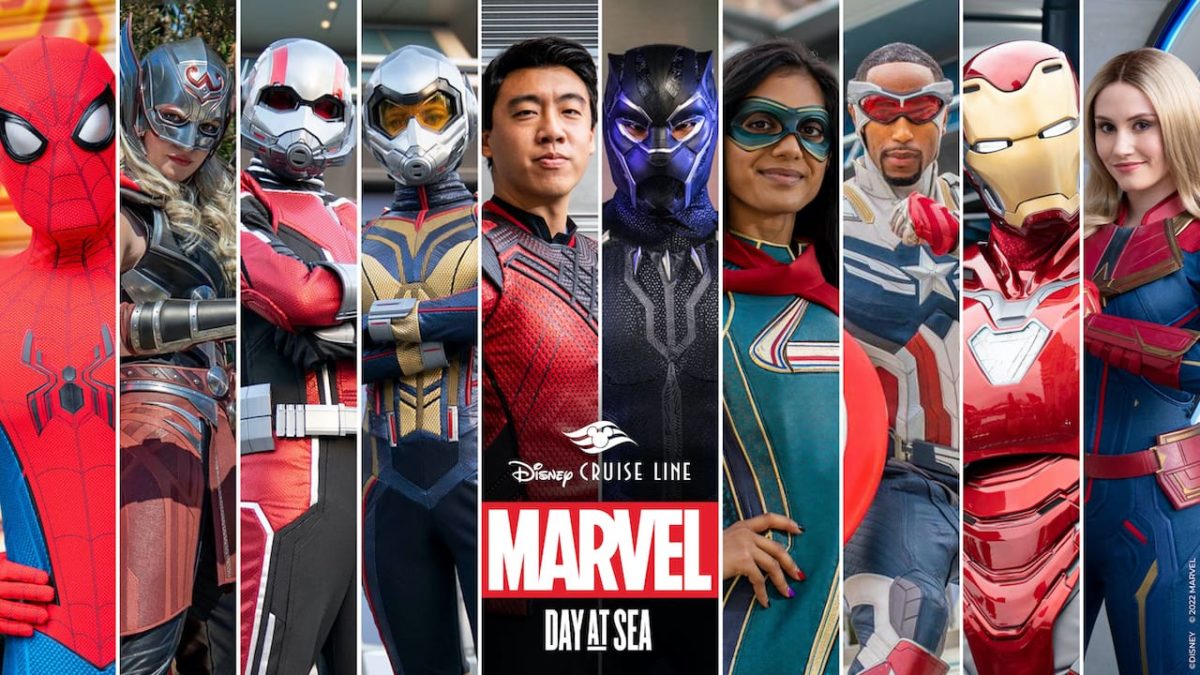 Collage of Marvel characters with Disney Cruise Line Marvel Day at Sea logo