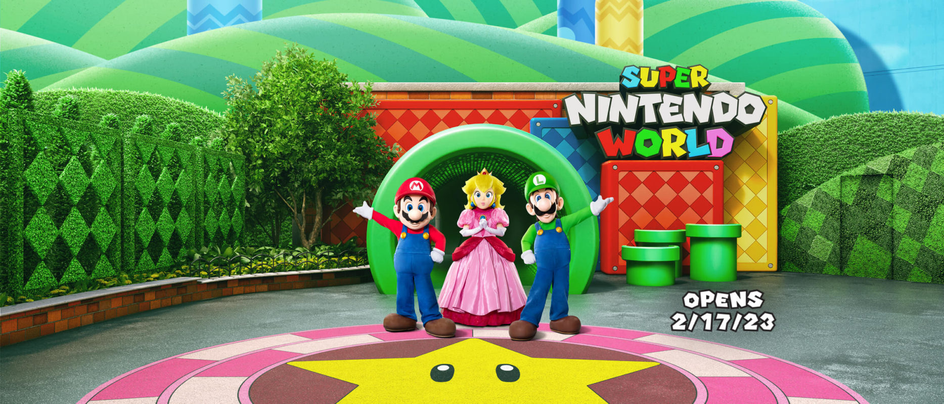 ush super nintendo world opening 2023 with characters in front of warp pipe a