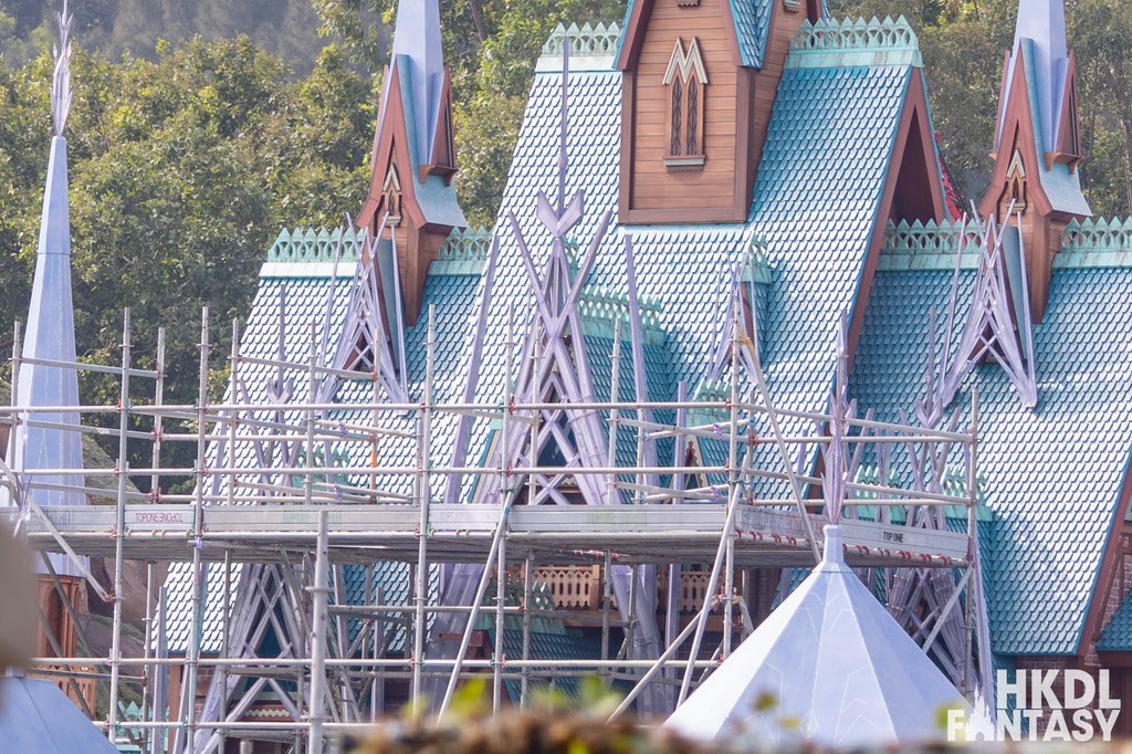 Icicles on gables of Arendelle Castle in Hong Kong Disneyland