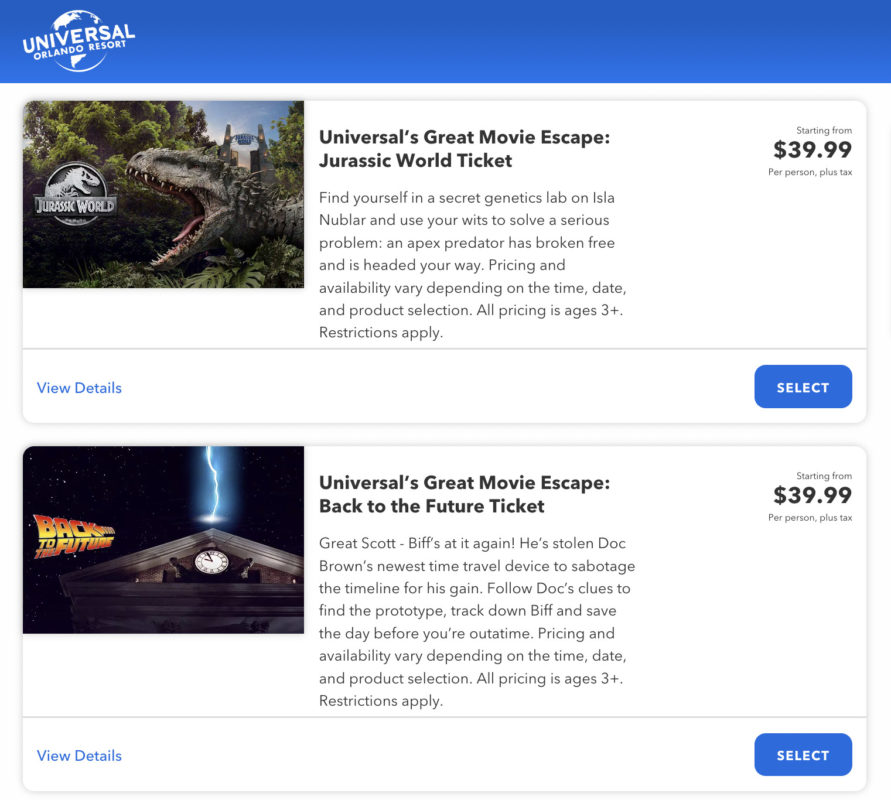 Universals Great Movie Escape Price Change