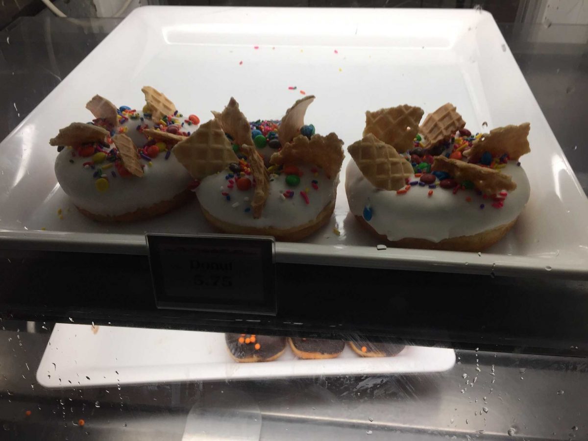 Vanilla Doughnut with M&M's Minis, Rainbow Sprinkles, & Waffle Cone Bits ($5.75)