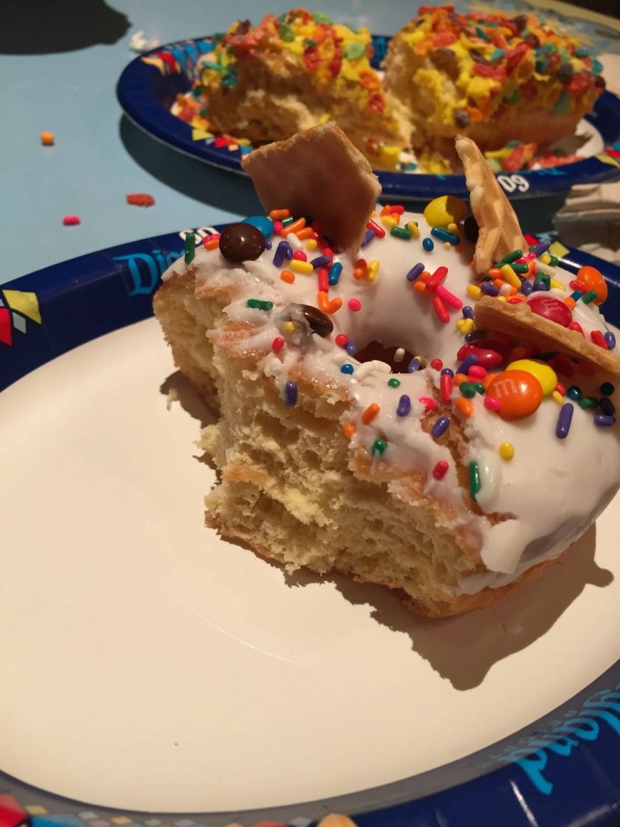 Vanilla Doughnut with M&M's Minis, Rainbow Sprinkles, & Waffle Cone Bits ($5.75)