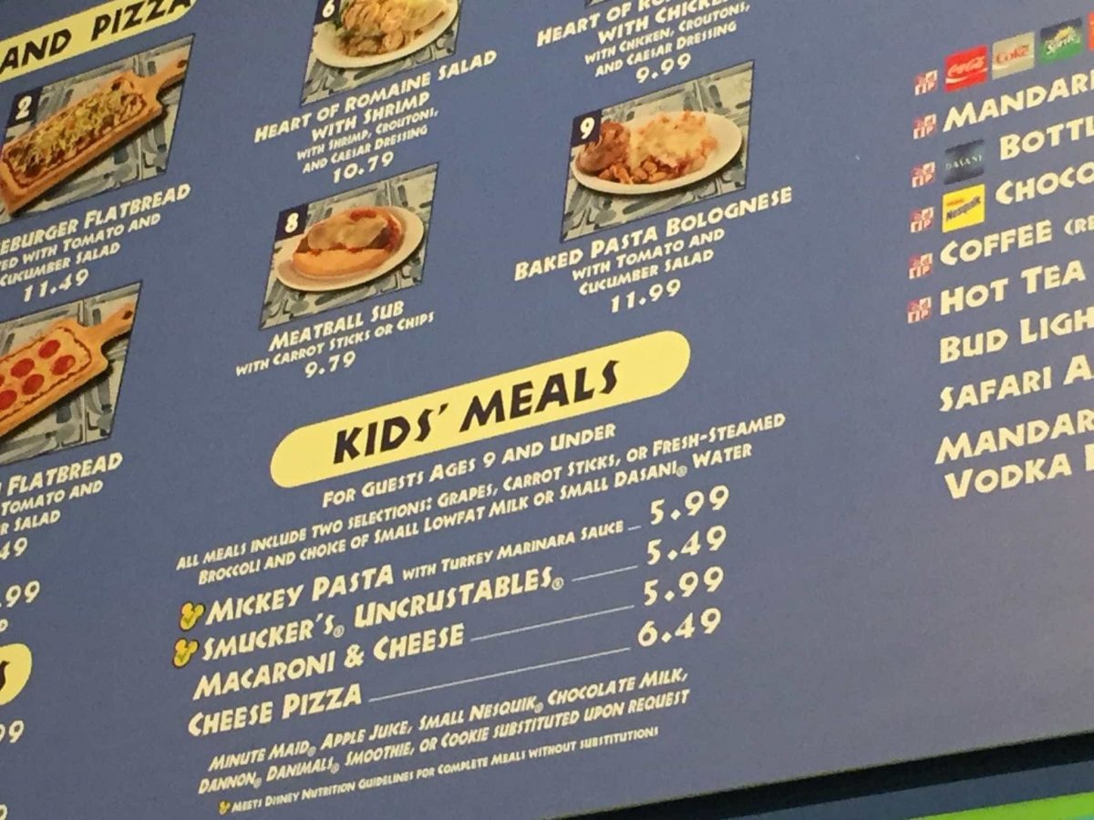 Kid's menu at Pizzafari